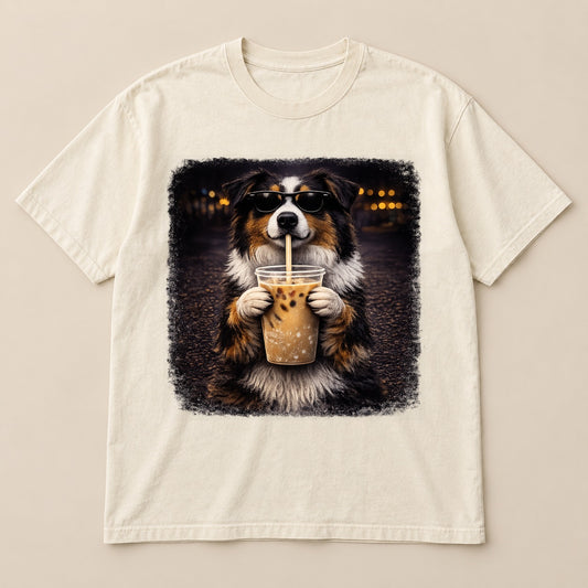 Australian Shepherd Coffee Dog Tee | Comfort Colors on a real Comfort Colors shirt
