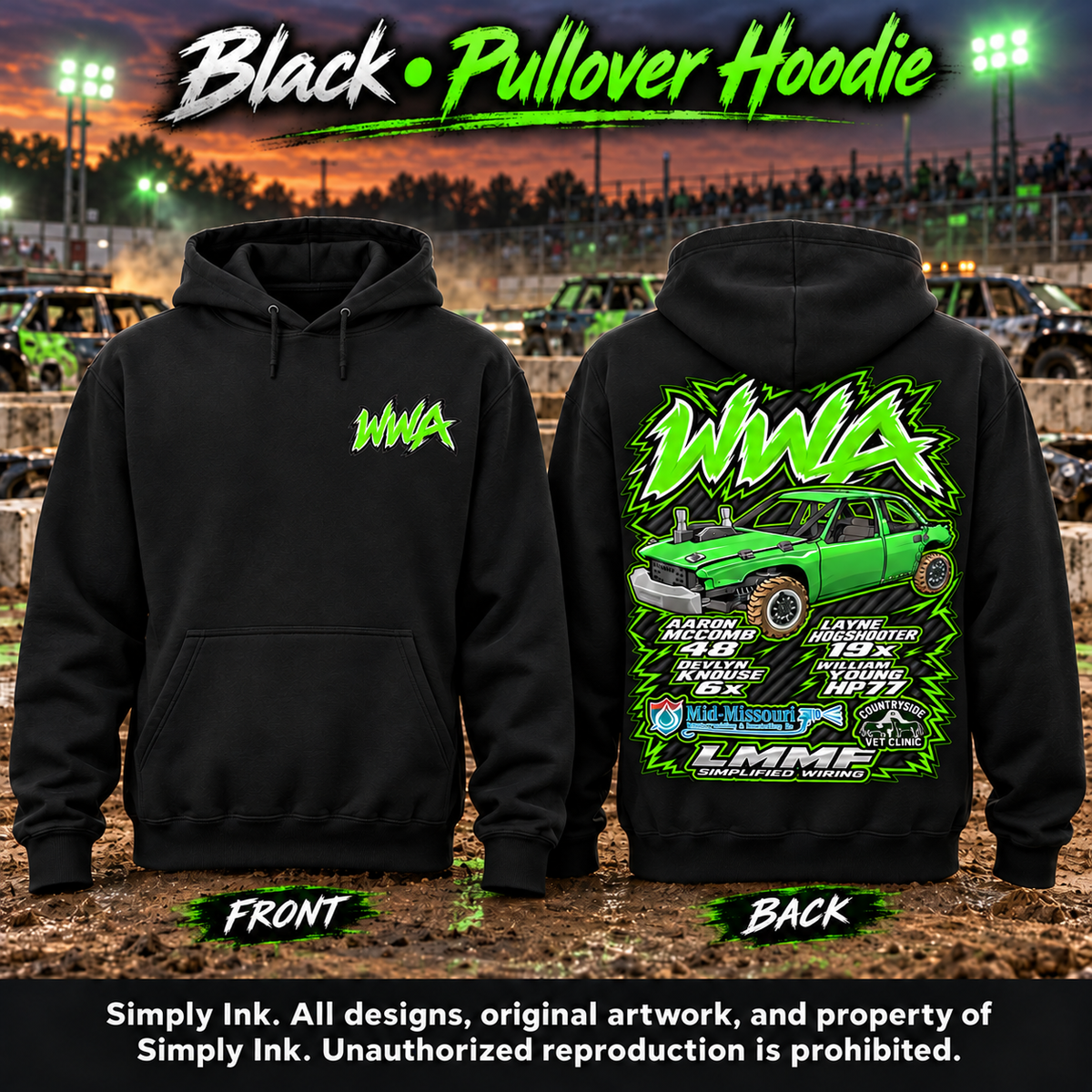 Team WWA black hoodie with left chest logo and full back design