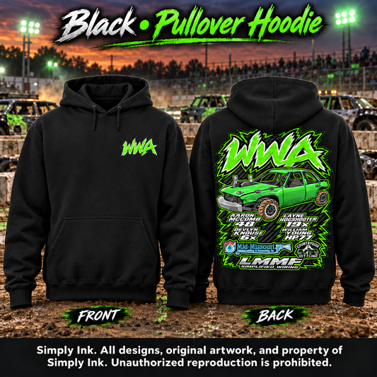 Team WWA black hoodie with left chest logo and full back design