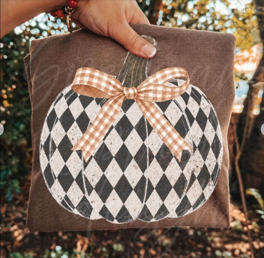 Argyle Pumpkin Bow Tee | Comfort Colors approved design mockup
