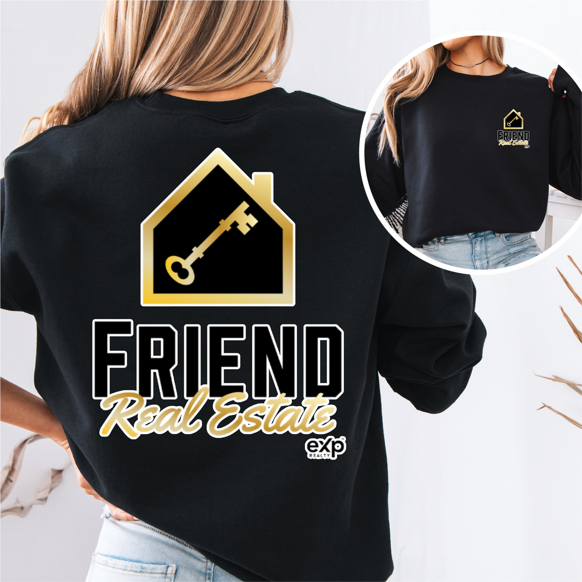 Black Friend Real Estate crewneck, outlined white and gold front and back logo