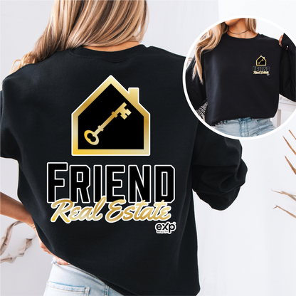 Black Friend Real Estate crewneck, outlined white and gold front and back logo