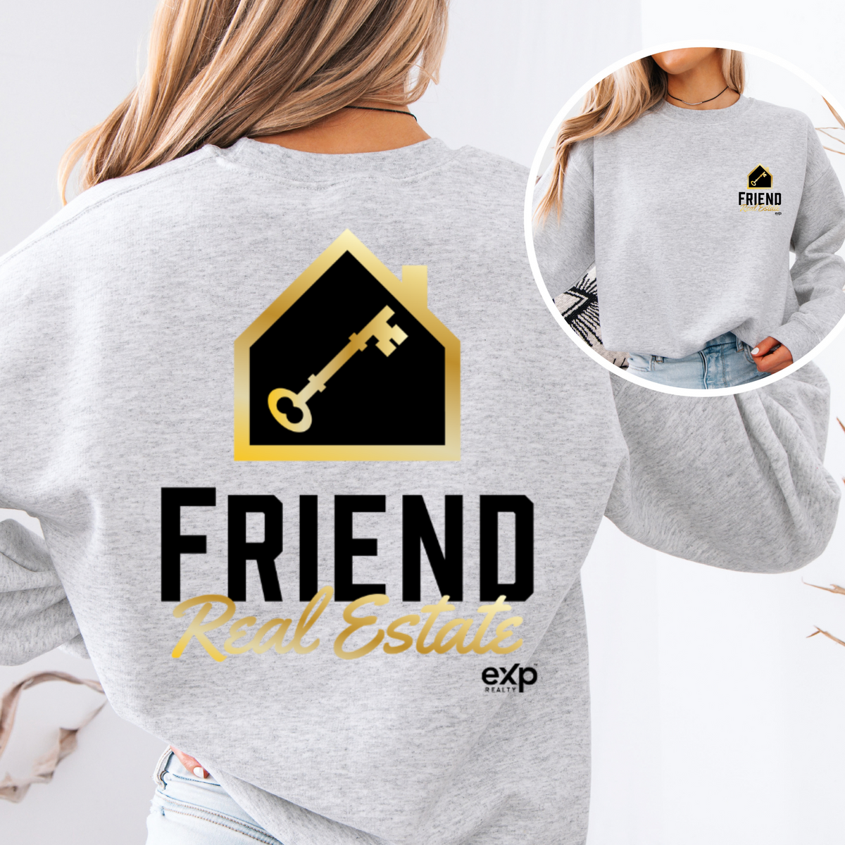 Friend Real Estate crewneck in ash grey, back design and front logo