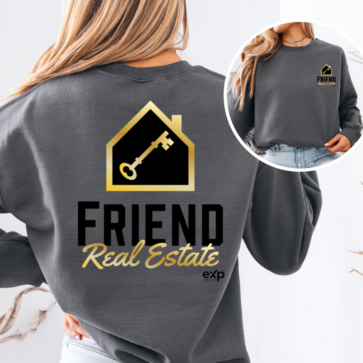 Friend Real Estate crewneck in charcoal, back design and front logo