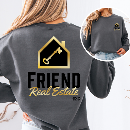 Friend Real Estate crewneck in charcoal, back design and front logo