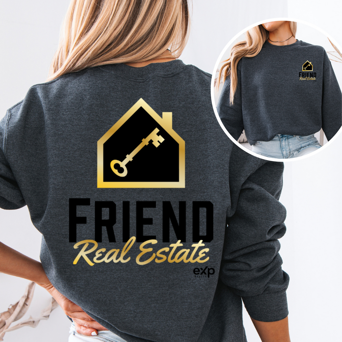 Friend Real Estate crewneck in dark heather grey, back design and front logo