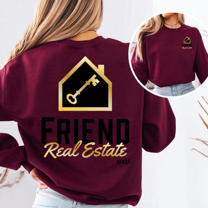 Friend Real Estate crewneck in maroon, back design and front logo