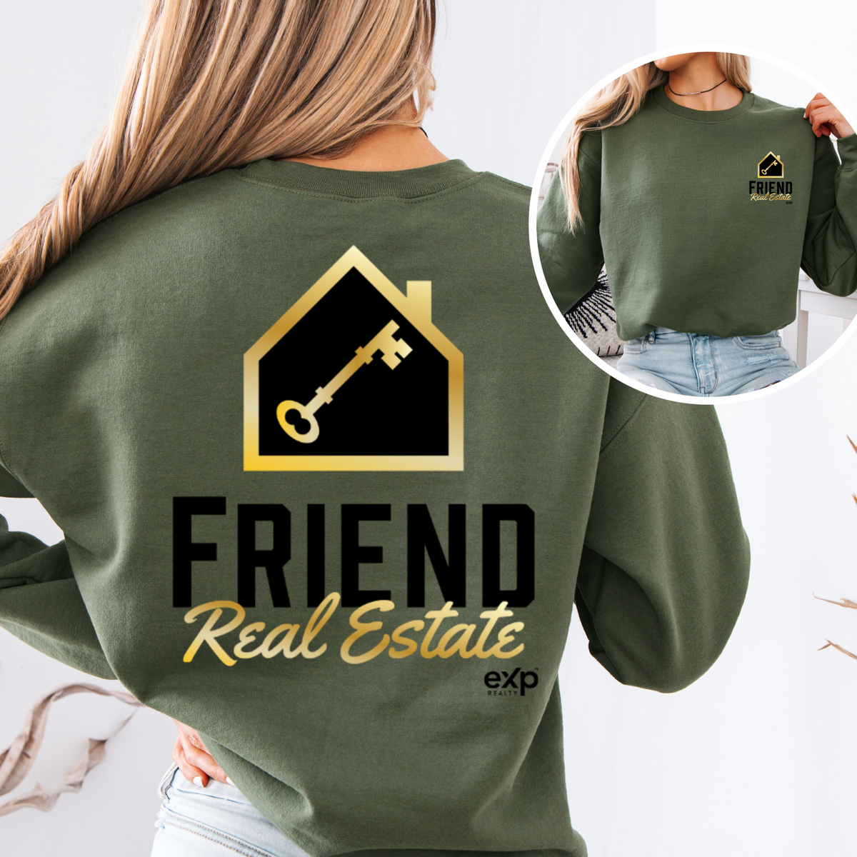 Friend Real Estate crewneck in military green, back design and front logo