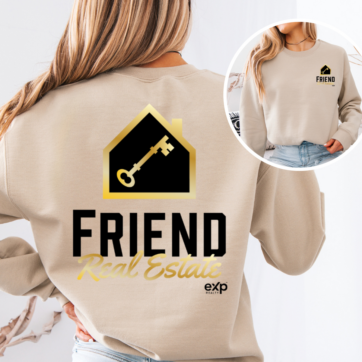 Friend Real Estate crewneck in sand, back design and front logo