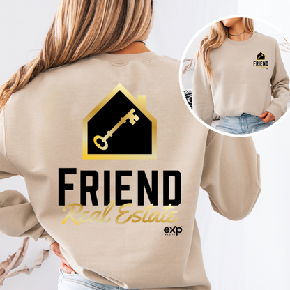 Friend Real Estate crewneck in sand, back design and front logo