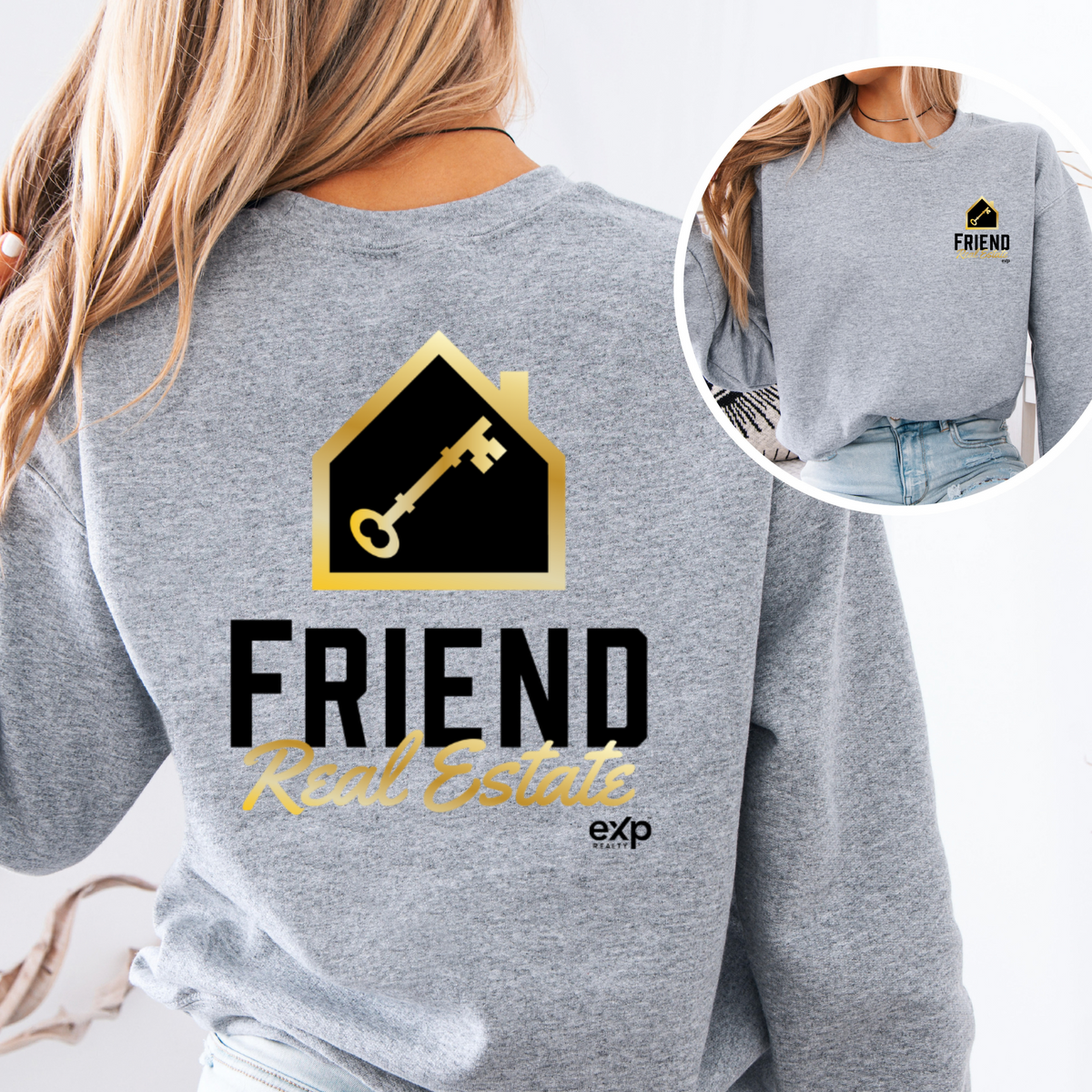 Friend Real Estate crewneck in sport grey, back design and front logo