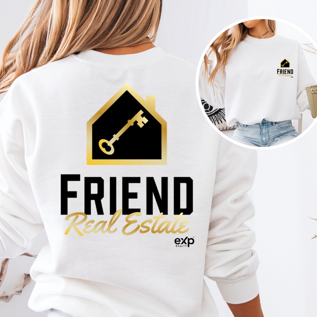 Friend Real Estate crewneck in white, back design and front logo