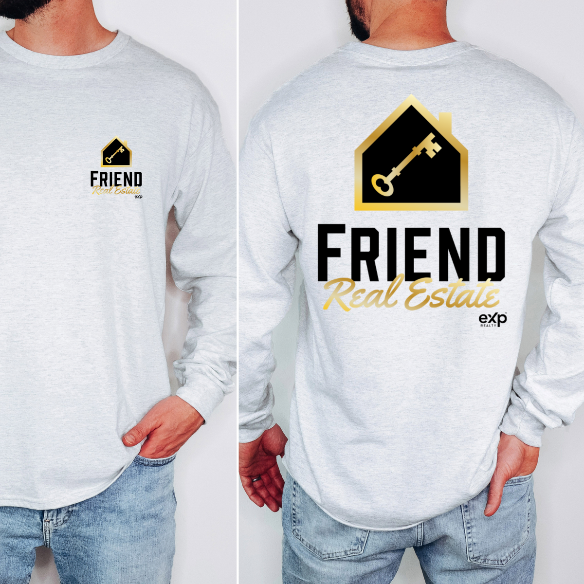 Friend Real Estate long sleeve in Ash Grey, front and back logo
