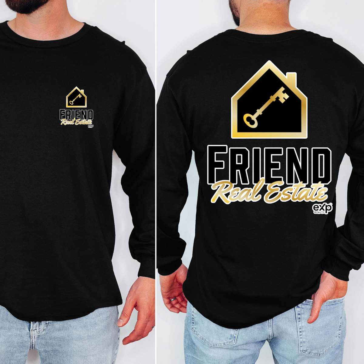 Black Friend Real Estate long sleeve, outlined white and gold front and back logo