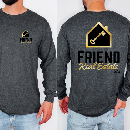 Friend Real Estate long sleeve in Dark Heather, front and back logo