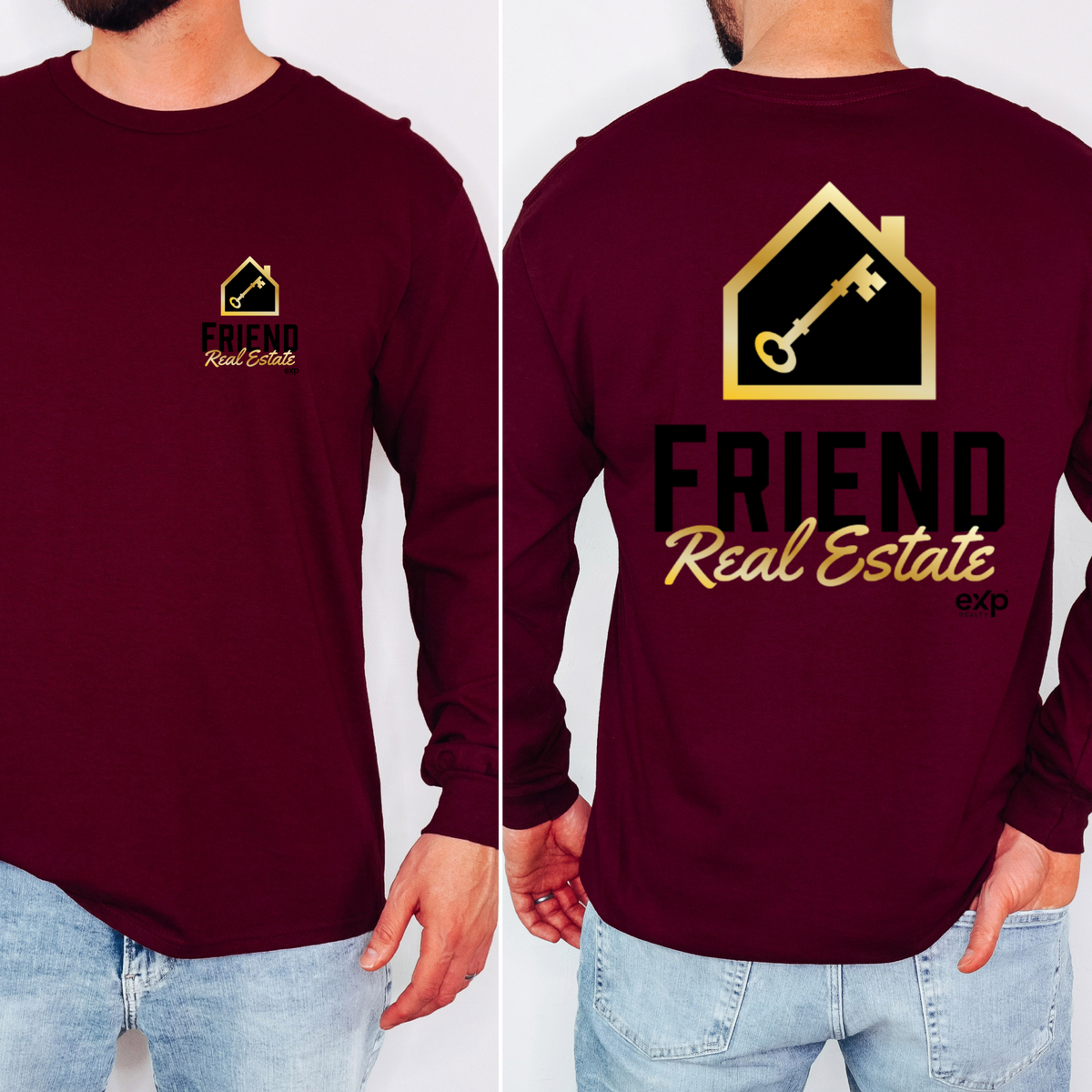 Friend Real Estate long sleeve in Maroon, front and back logo