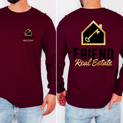 Friend Real Estate long sleeve in Maroon, front and back logo