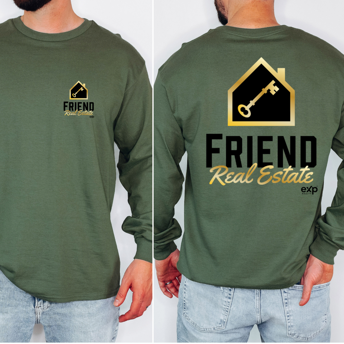 Friend Real Estate long sleeve in Military Green, front and back logo