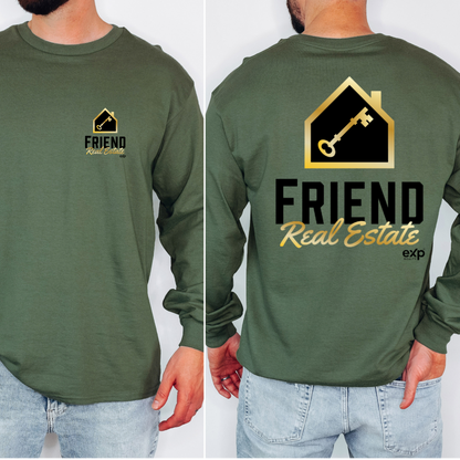 Friend Real Estate long sleeve in Military Green, front and back logo