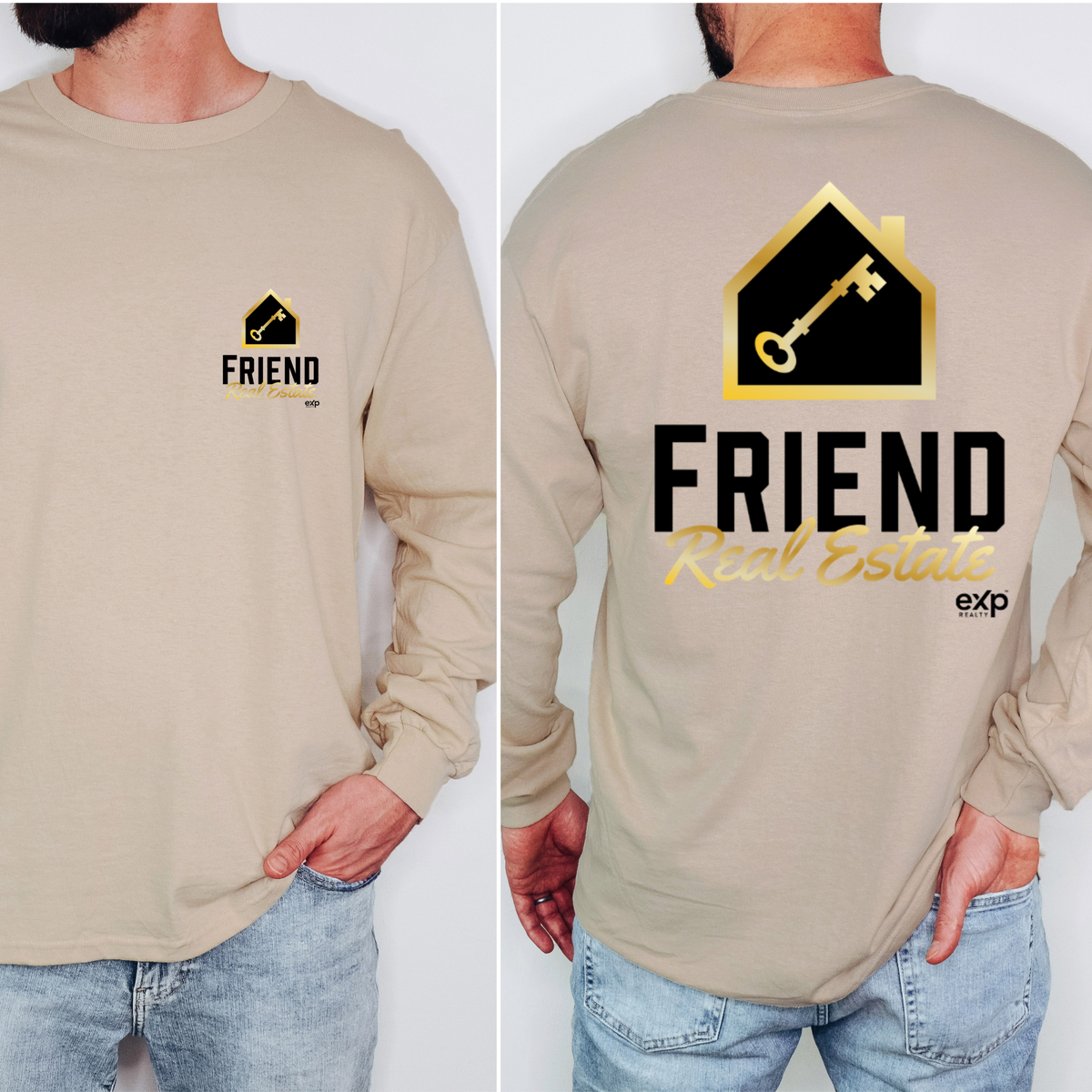Friend Real Estate long sleeve in Sand, front and back logo