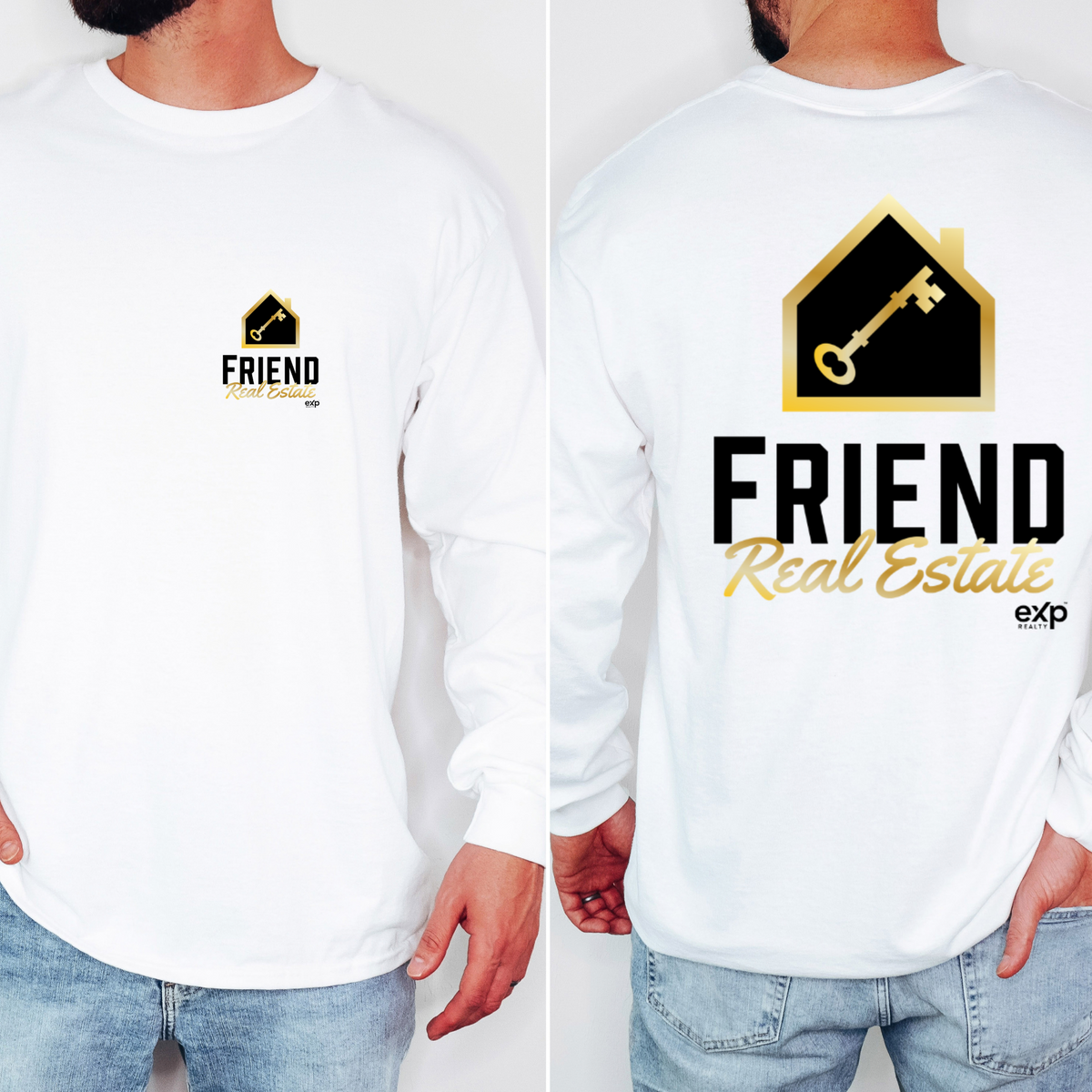 Friend Real Estate long sleeve in White, front and back logo