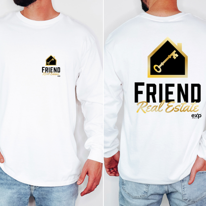 Friend Real Estate long sleeve in White, front and back logo