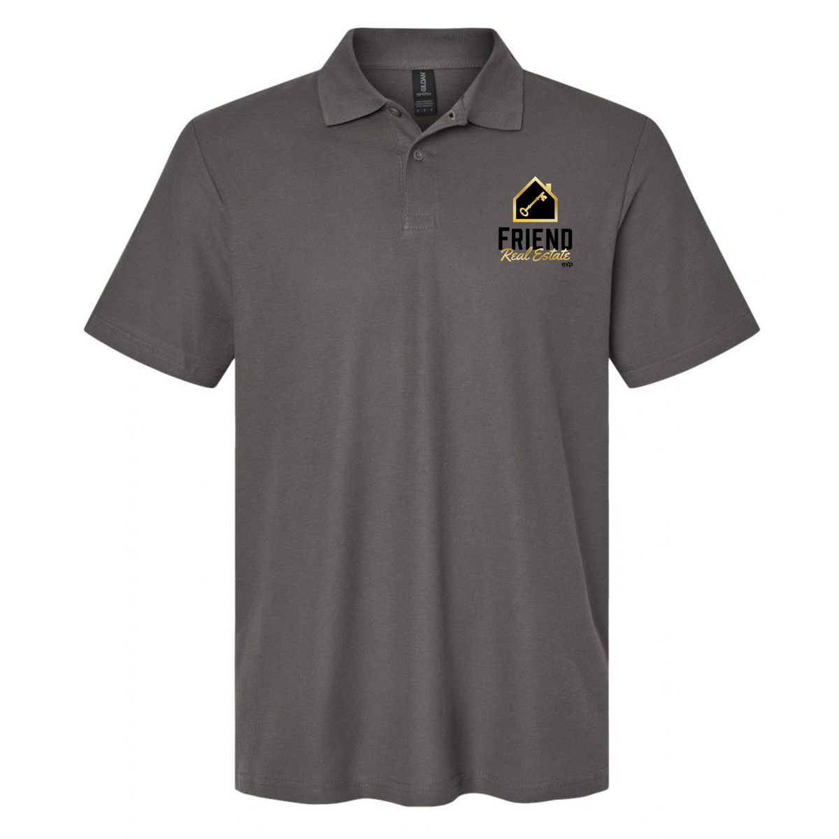 Friend Real Estate Gildan Softstyle polo in Charcoal, left chest logo