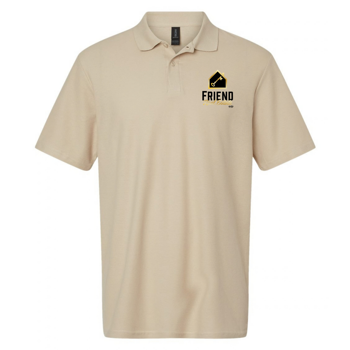 Friend Real Estate Gildan Softstyle polo in Sand, left chest logo