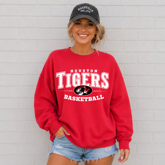Houston Tigers Basketball Mascot – Red Gildan shown on a red crewneck