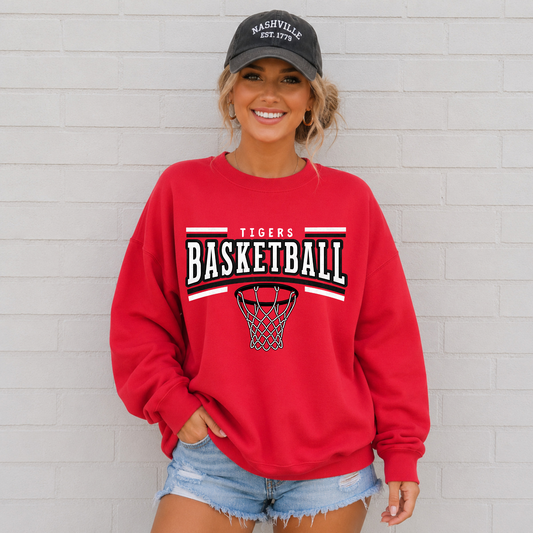 Houston Tigers Basketball hoop design on red Gildan crewneck