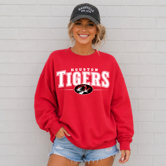 Houston Tigers Classic Mascot – Red Gildan shown on a red crewneck