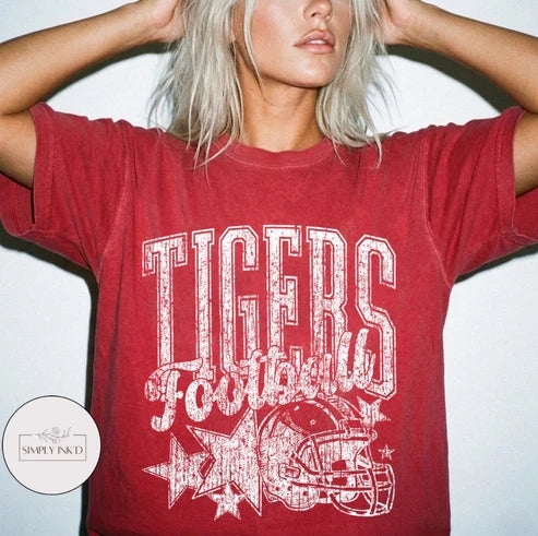 Houston Tigers Football design on red Gildan T-shirt