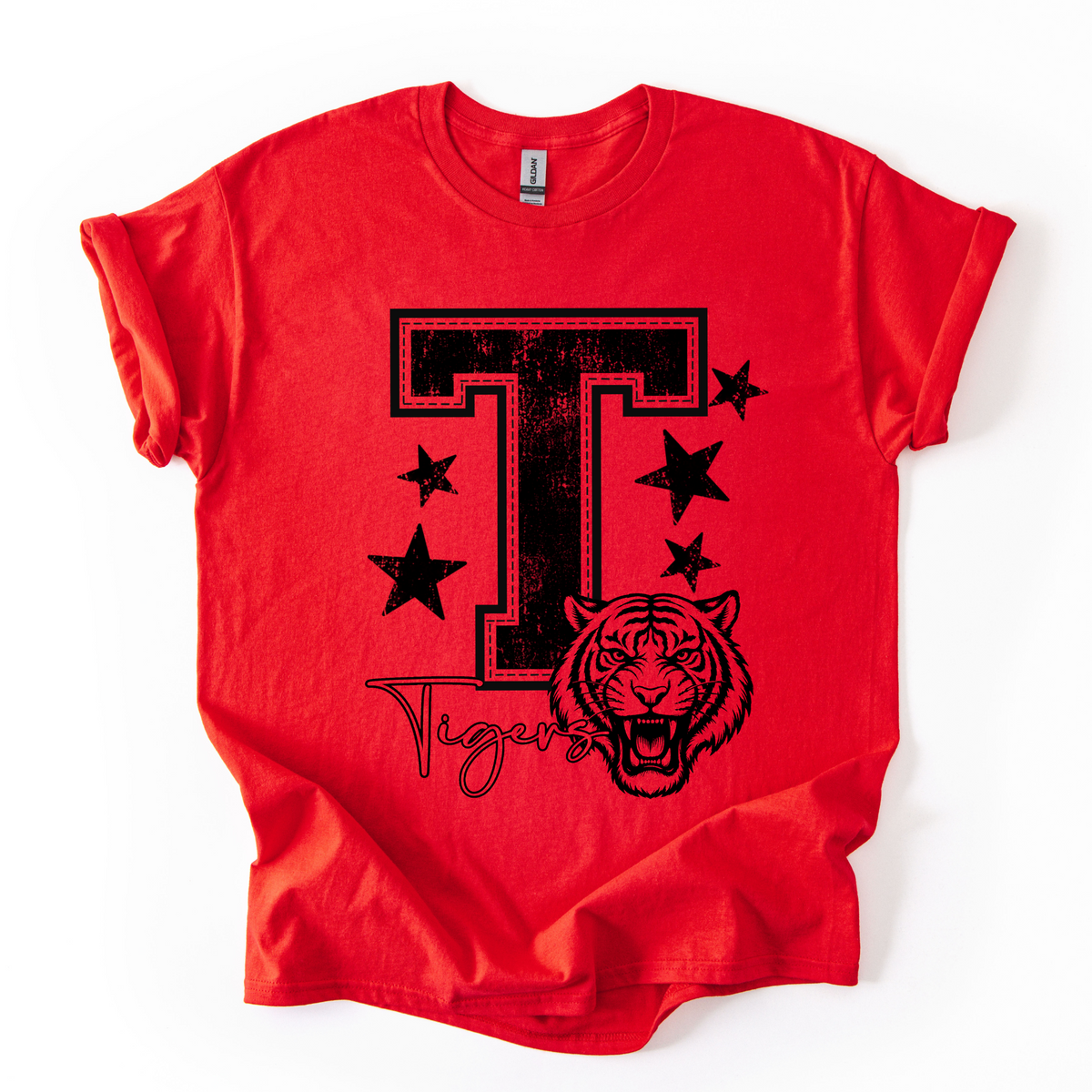 Houston Tigers Varsity T & Stars on red Gildan T-shirt