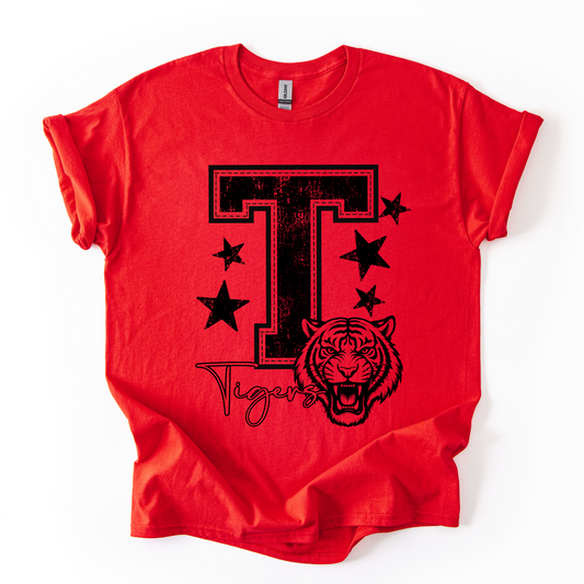 Houston Tigers Varsity T & Stars on red Gildan T-shirt