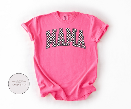 Black Checkered Mama Tee | Comfort Colors shown on a real Comfort Colors shirt