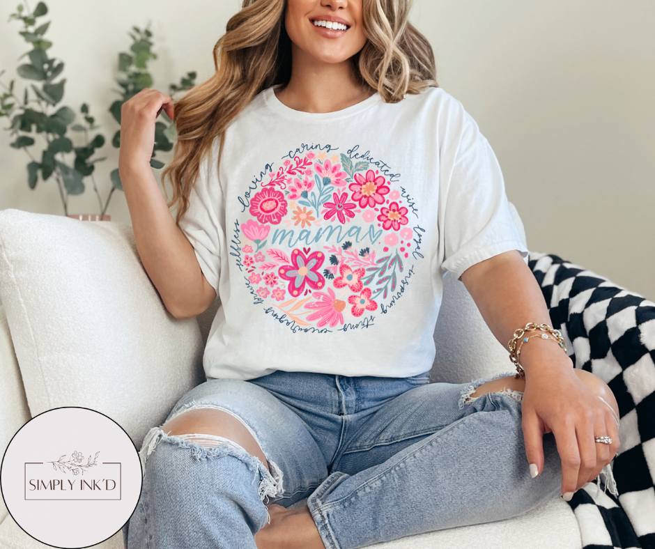 Floral Circle Mama Tee | Comfort Colors shown on a real Comfort Colors shirt