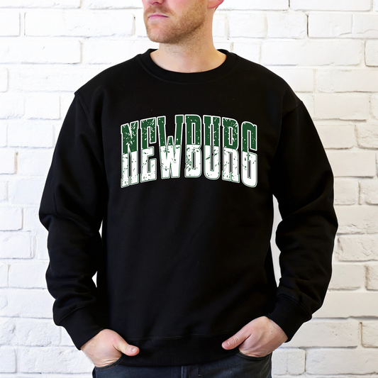 Green and white distressed NEWBURG varsity lettering shown on a black crewneck