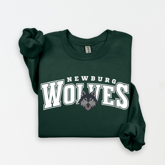 Newburg Wolves Classic Arch design shown on a forest green crewneck