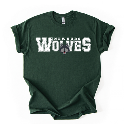 Distressed white Newburg Wolves lettering and wolf mascot on a forest green T-shirt