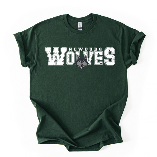 Distressed white Newburg Wolves lettering and wolf mascot on a forest green T-shirt
