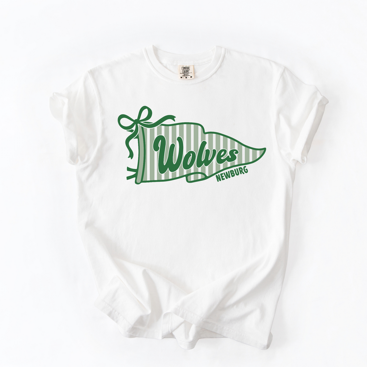 Green striped Wolves script graphic on a white T-shirt