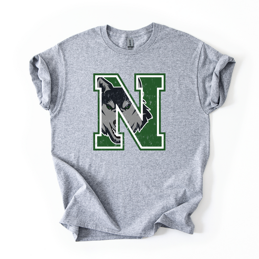 Newburg Wolves green N with wolf mascot shown on Sport Grey T-shirt