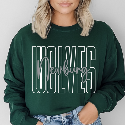 Newburg Wolves Script Outline design on a forest green sweatshirt
