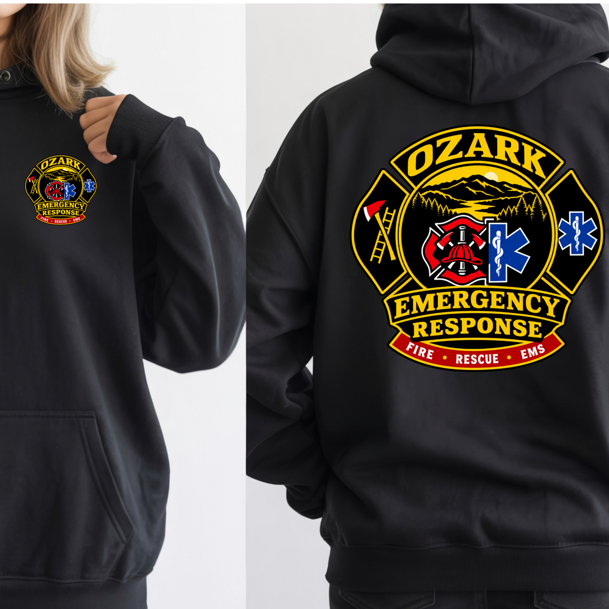 Ozark Emergency Response Hoodie Black - design shown for all colors front and back
