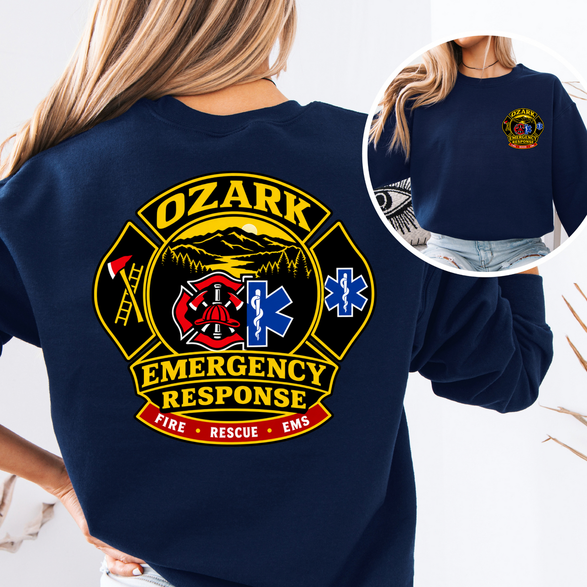 Ozark Emergency Response Crewneck Navy front and back