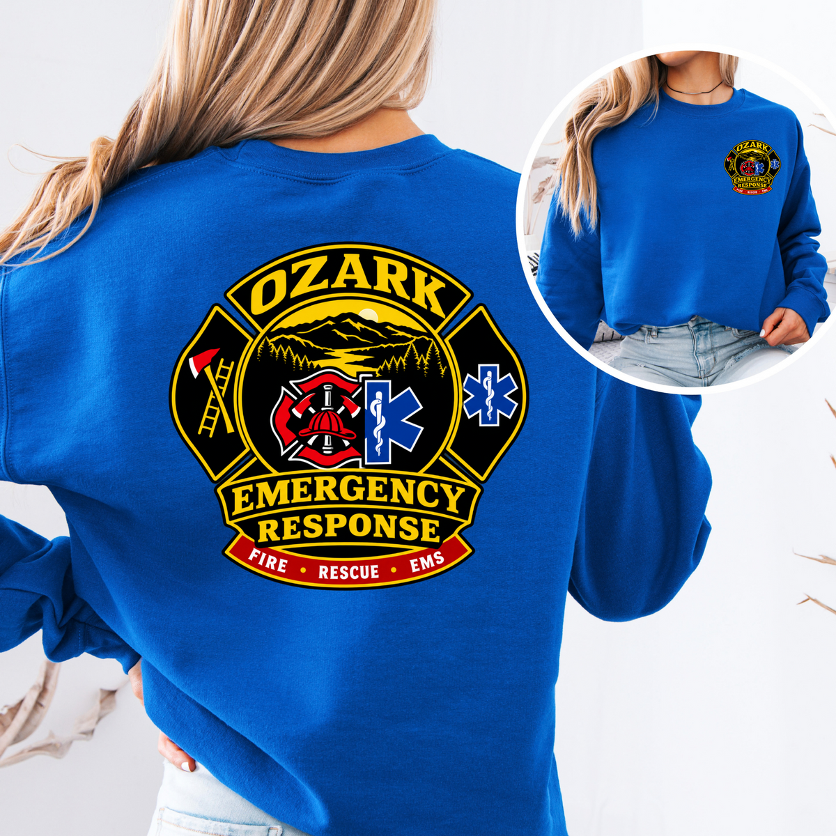 Ozark Emergency Response Crewneck Royal Blue front and back