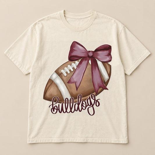 Bulldogs Football Bow Tee on a real Comfort Colors shirt