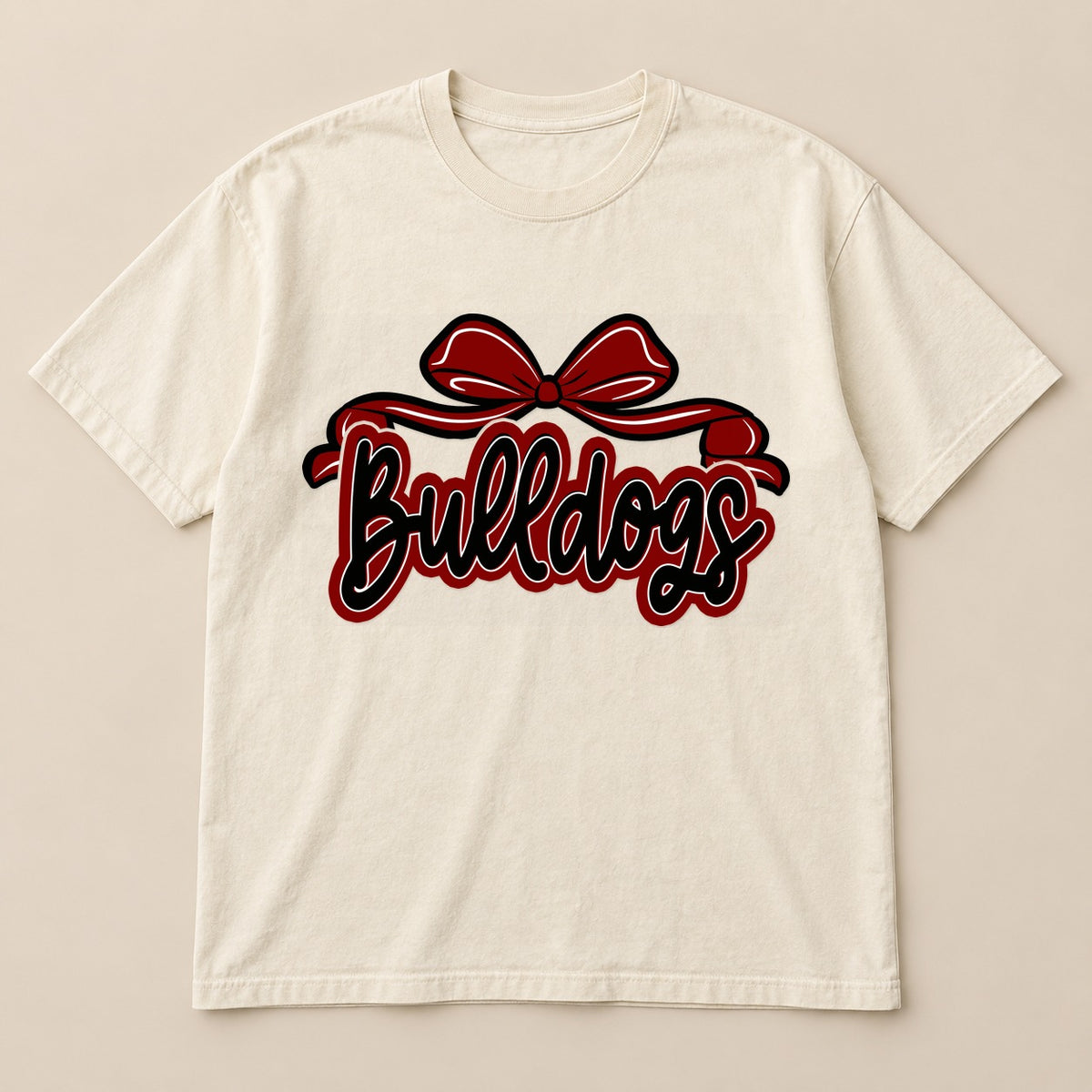 Bulldogs Maroon Bow Tee on a real Comfort Colors shirt