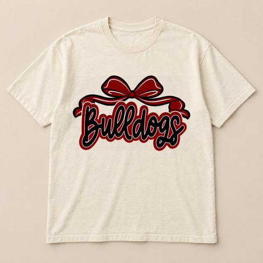 Bulldogs Maroon Bow Tee on a real Comfort Colors shirt