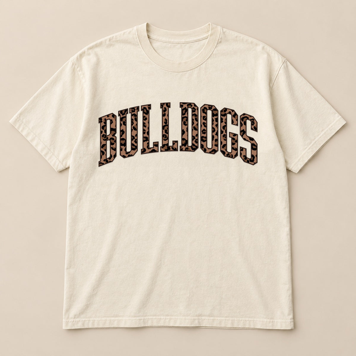Leopard Bulldogs Varsity Tee on a real Comfort Colors shirt